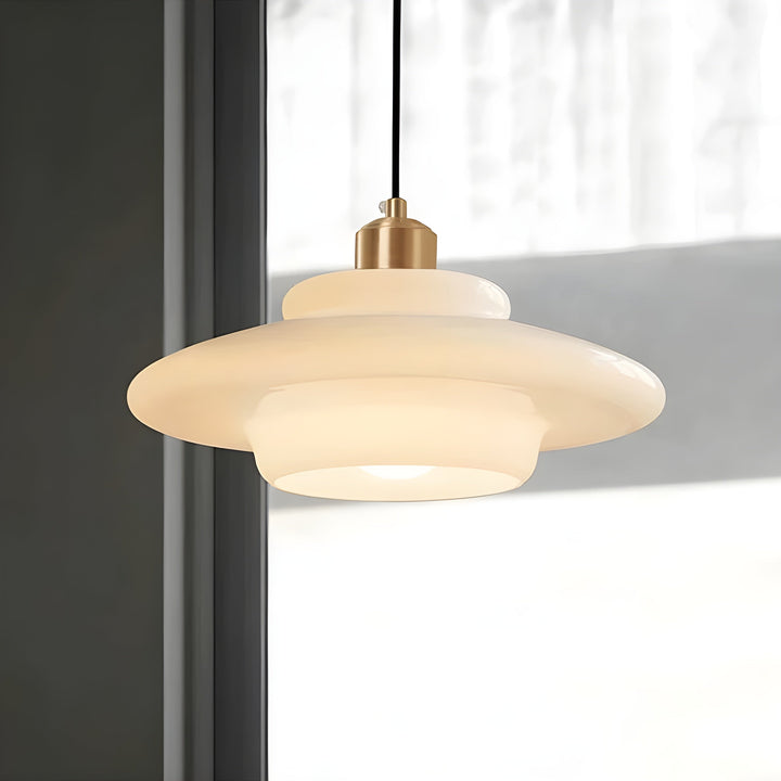 Minimalist LED pendant lamp, ivory glass design for sophisticated homes.