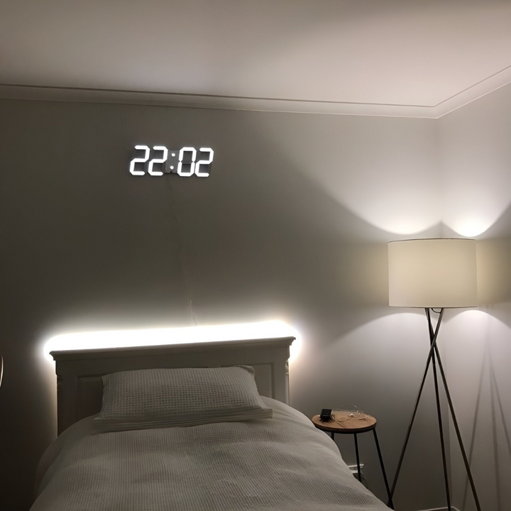 Futuristic LED wall clock, sleek minimalist design. Ideal for modern home, office, or tabletop display.