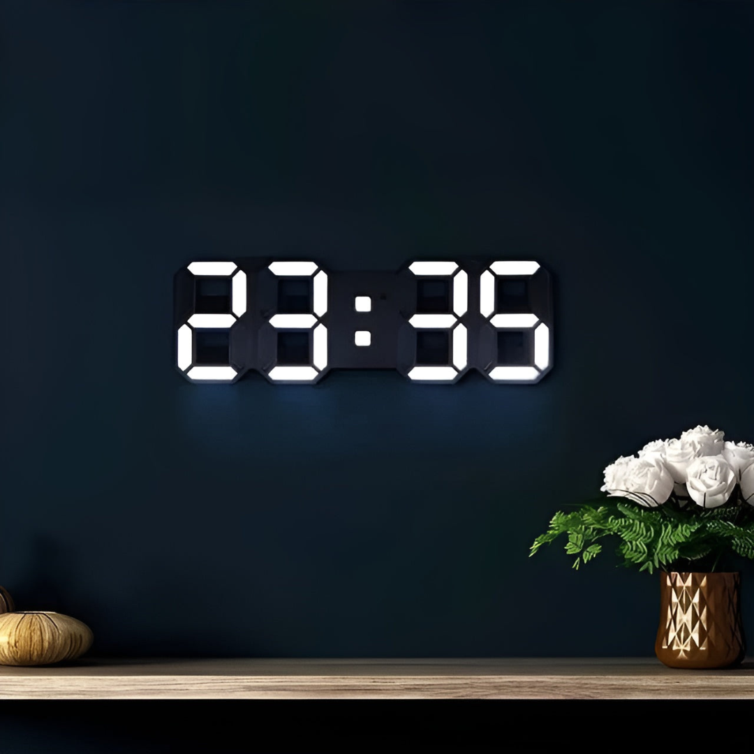 Smart 3D LED digital clock showing bright time. Auto-dim brightness adapts to ambient lighting for any room.
