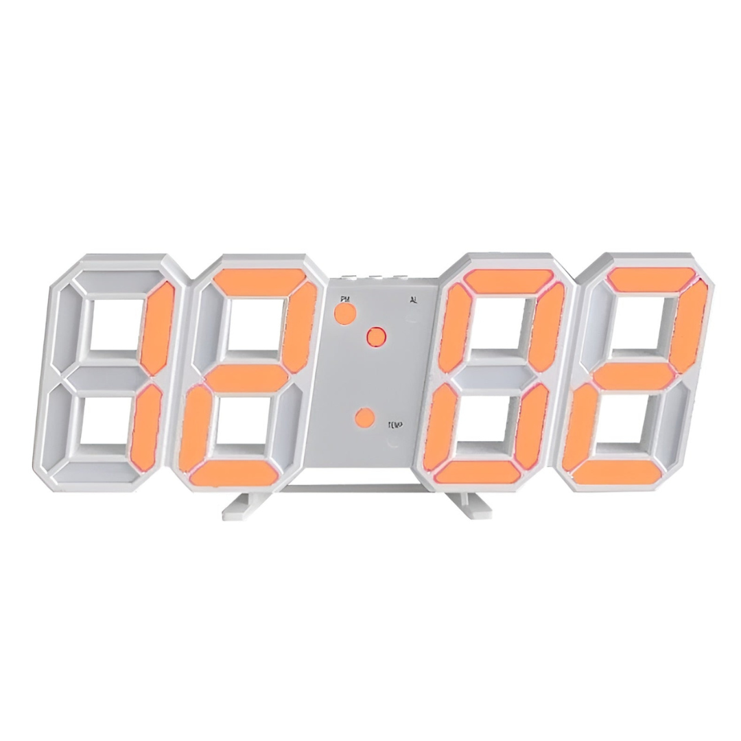 Close-up of a minimalist LED digital clock, highlighting its sharp 3D display and sleek modern frame.
