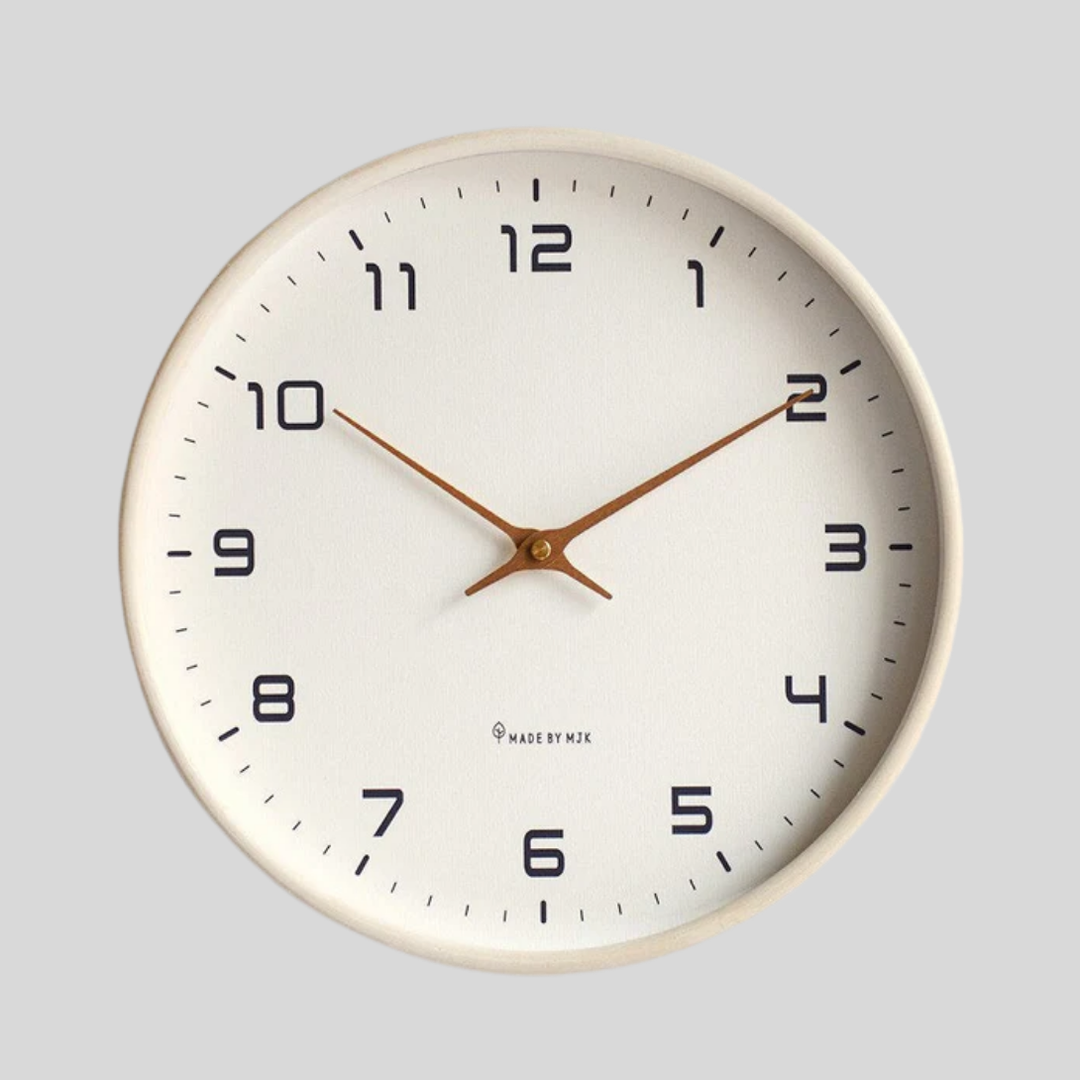 Modern brown/cream wooden wall clock, minimalist Scandinavian design, perfect silent timepiece for home and office decor.