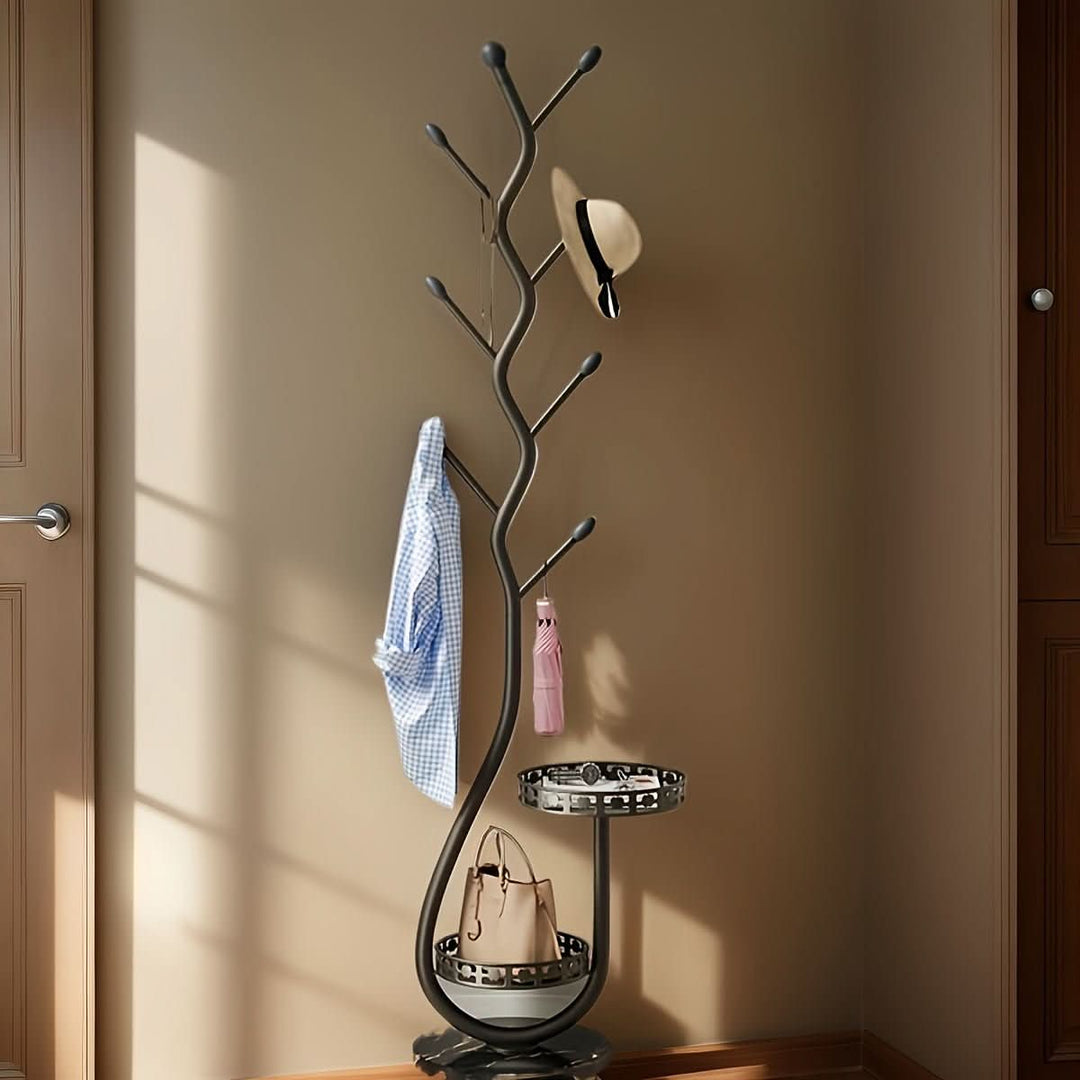 Tall minimalist standing coat rack for elegant home organization. Modern entryway & hat storage.