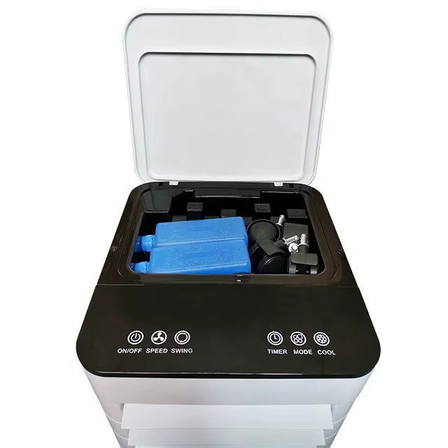 Modern evaporative air cooler, no installation needed, delivers cool, humidified & purified air for any room.