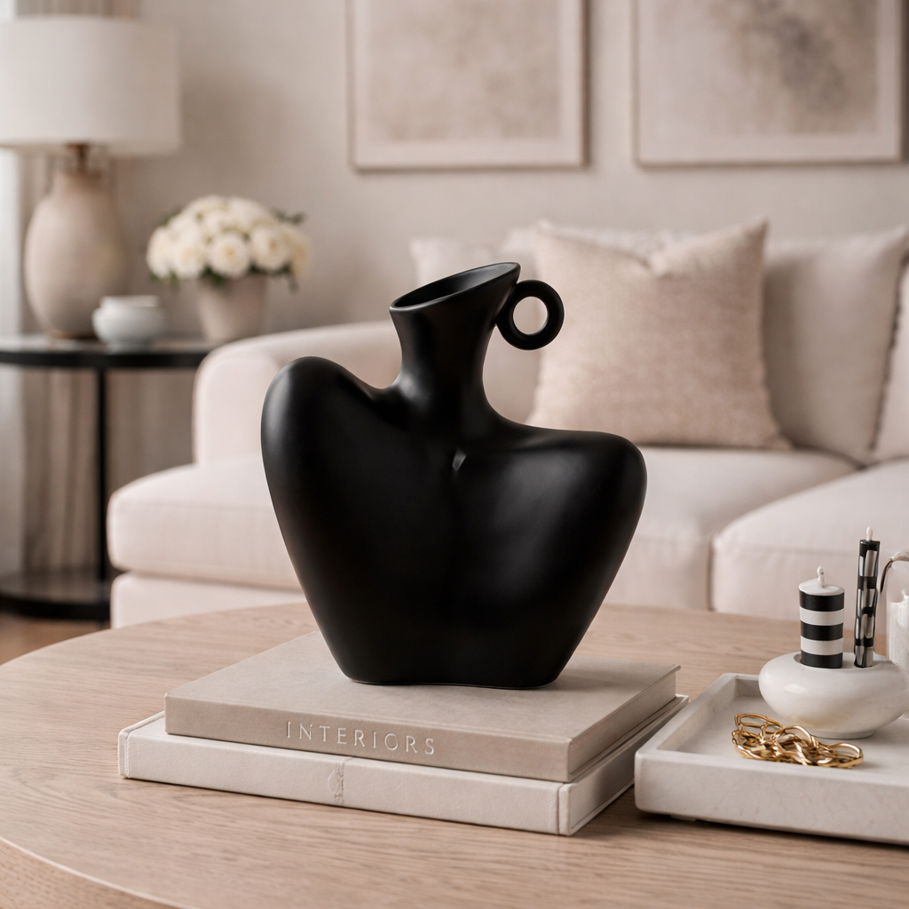 Artistic white or black abstract ceramic vase, modern decorative home accent for contemporary interior design.