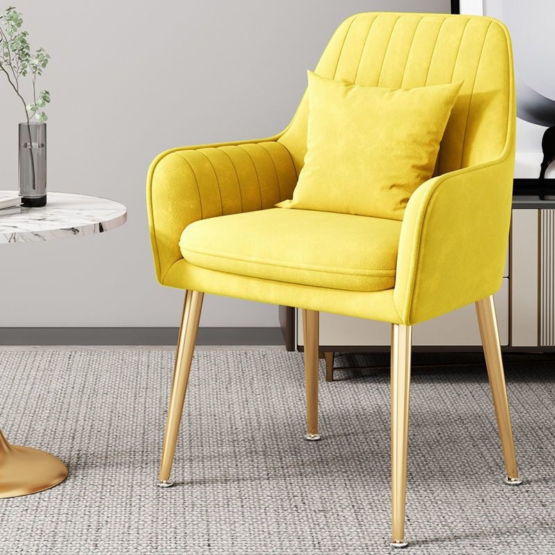 Versatile fabric accent chair, gold legs, durable and fashionable.