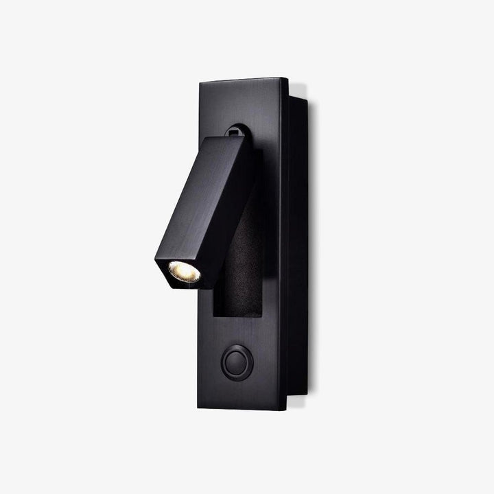 Sleek LED wall sconce, adjustable arm, perfect task light for focused reading by the bed.