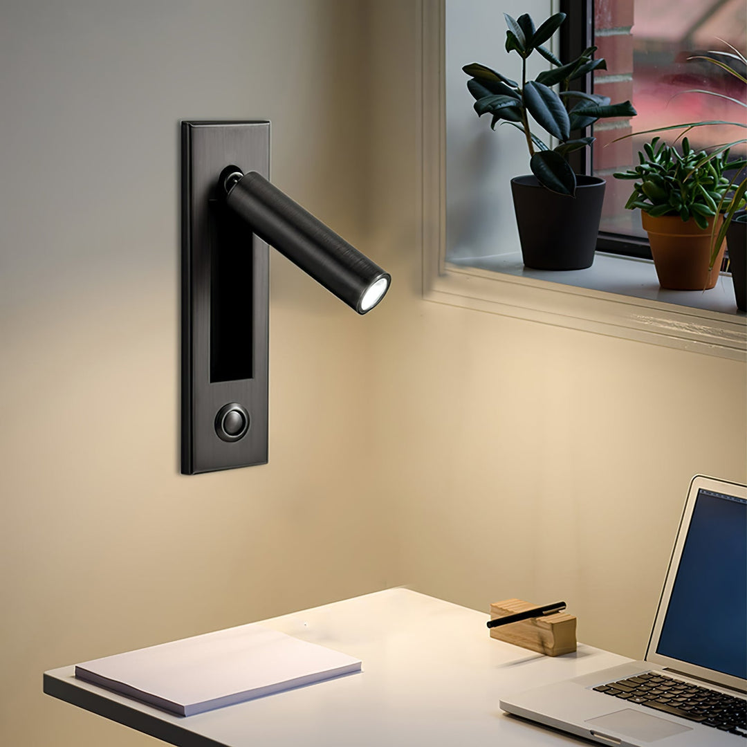 Dimmable LED bedside lamp, wall-mounted, offering focused light for modern bedroom decor.