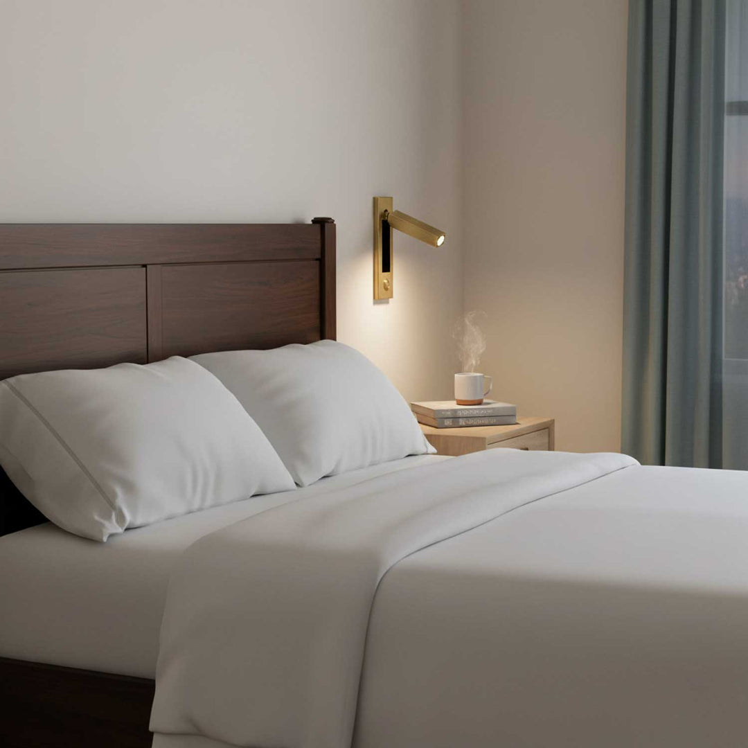 Energy-efficient LED wall light, dimmable & adjustable, perfect for focused bedside reading.