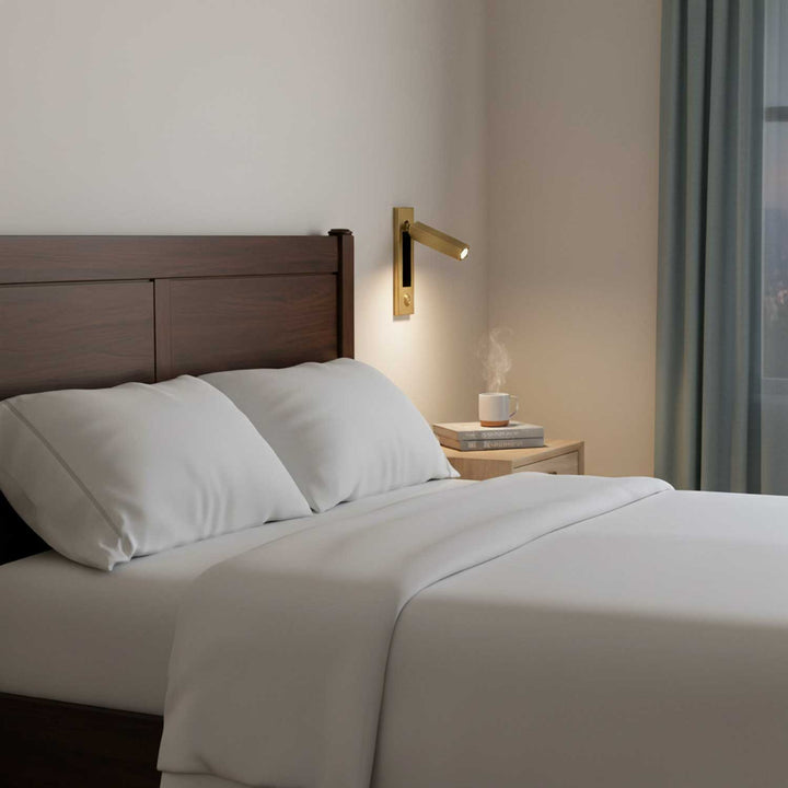 Energy-efficient LED wall light, dimmable & adjustable, perfect for focused bedside reading.