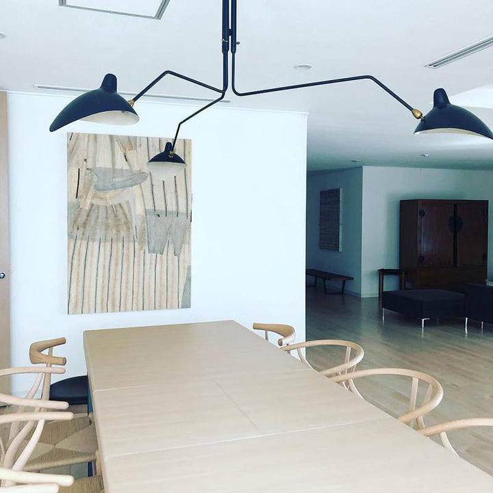 Sleek adjustable multi-arm ceiling fixture, minimalist metal design for home lighting.