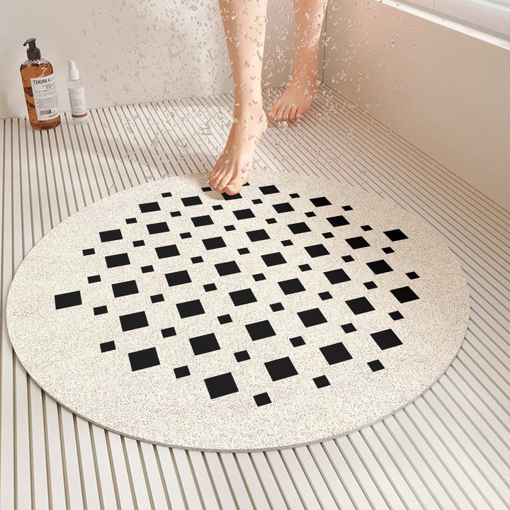Textured anti-slip bath mat, quick-dry square design for shower safety. Stylish modern geometric bathroom floor mat.