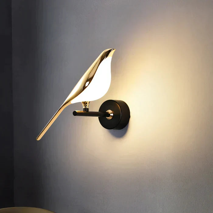 Unique modern bird LED wall lamp, a decorative home accent perfect for bedroom or hallway ambient light.