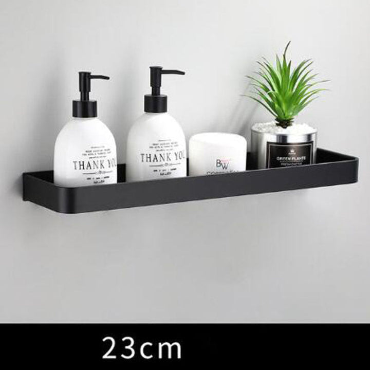 Contemporary black aluminum floating wall shelf, perfect for modern bathroom decor. Organizer for toiletries & towels.