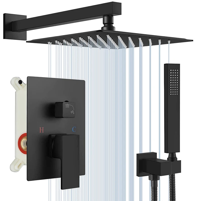 Modern black concealed rain & waterfall shower system. Luxury bathroom upgrade for a spa experience.