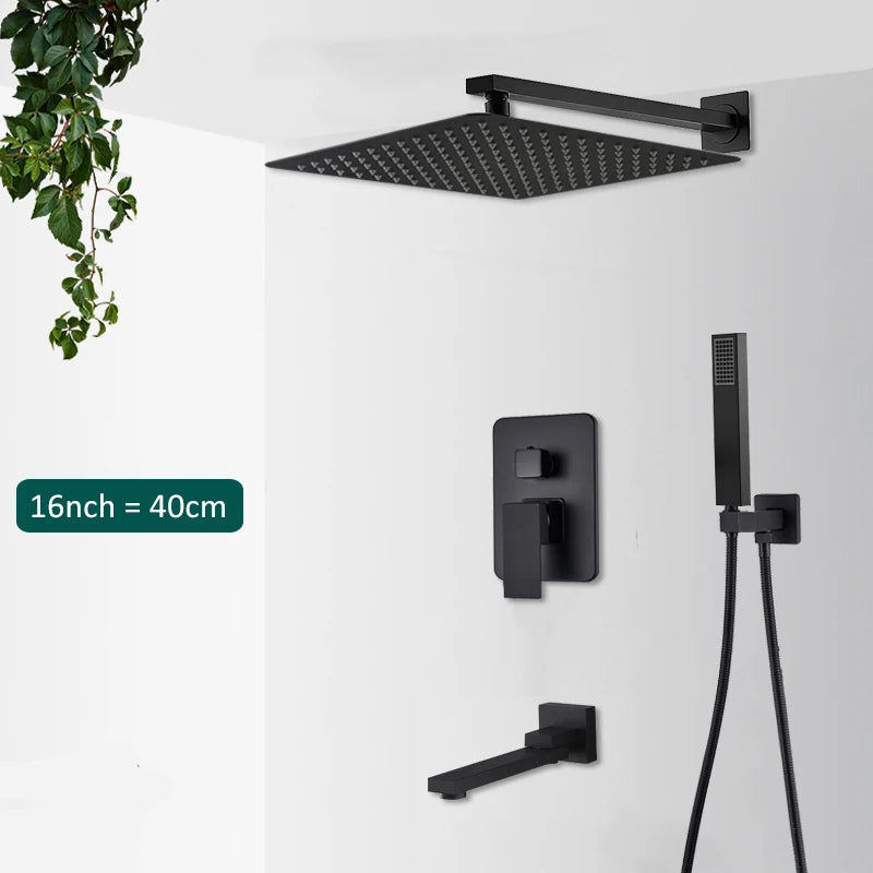 Luxury concealed black rain shower and waterfall for a modern, minimalist bathroom upgrade.