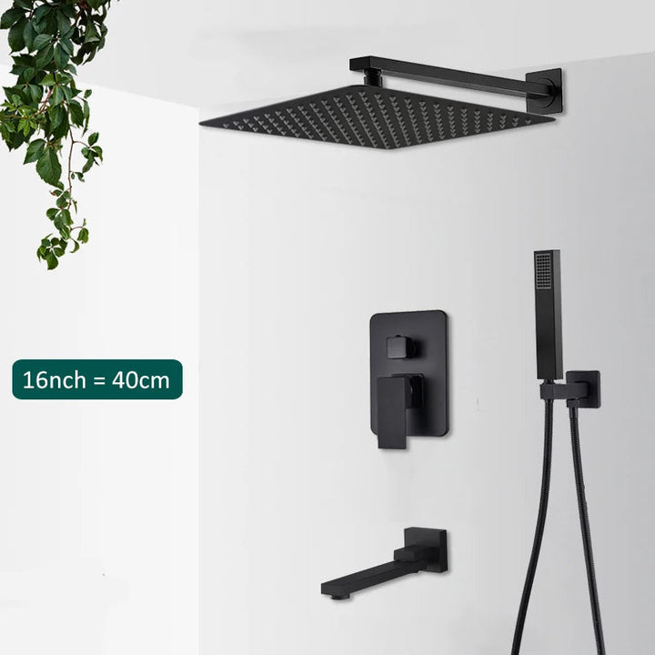 Luxury concealed black rain shower and waterfall for a modern, minimalist bathroom upgrade.