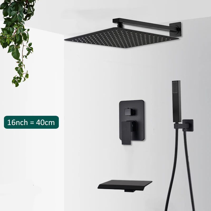 Spa-like black concealed shower with rain, waterfall features. Modern, sleek bathroom essential.