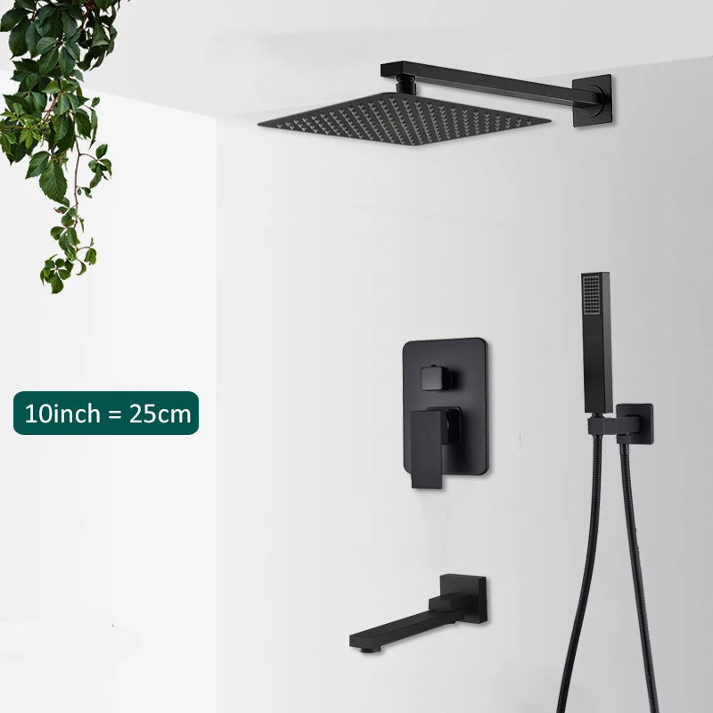 Contemporary black shower system, concealed design, rain & waterfall functions for luxury bath.