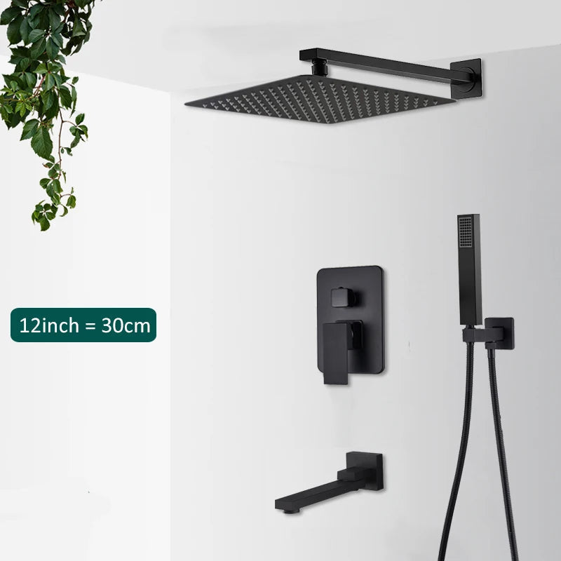 Black luxury shower system: concealed rain, waterfall, and tub spout for a sleek modern bathroom.