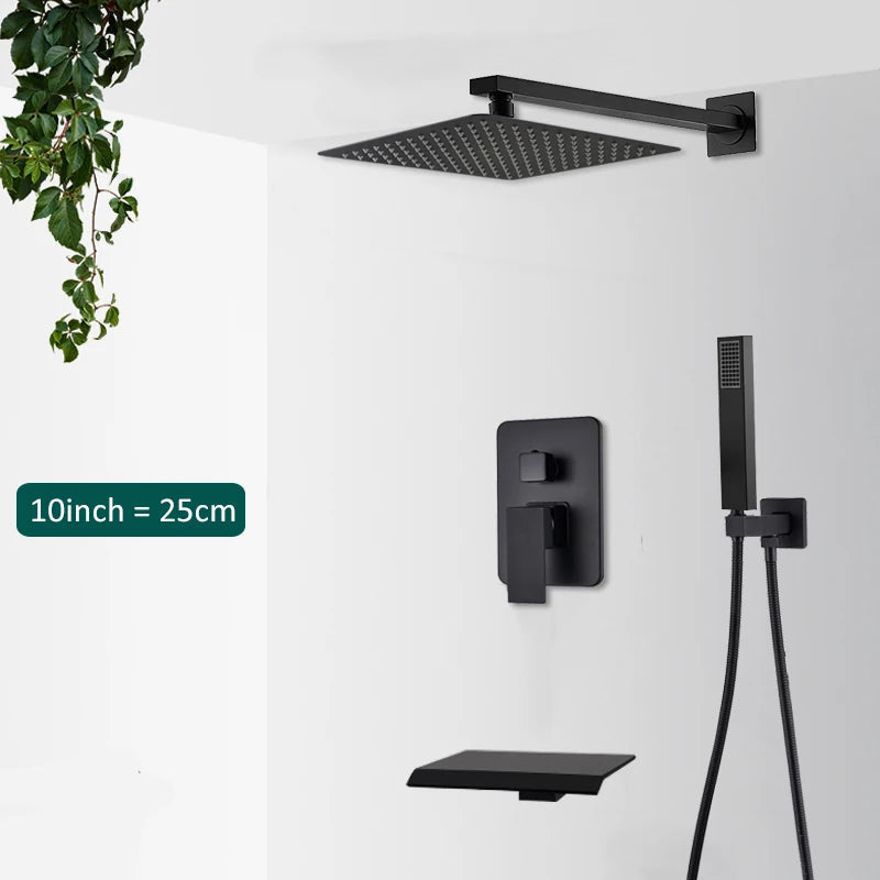 Embedded modern black shower offering refreshing rain and cascading waterfall experiences.