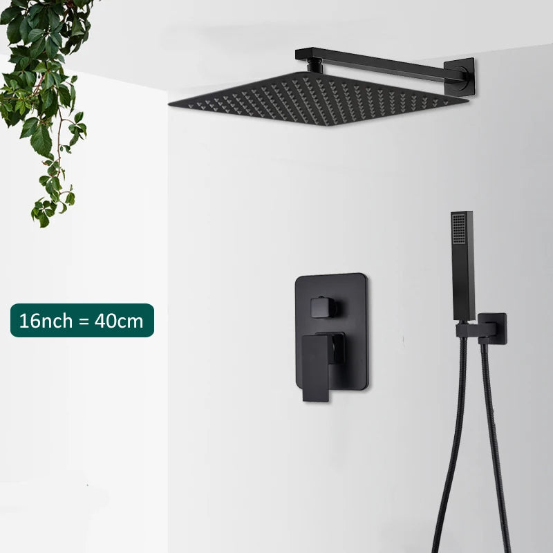 Sleek embedded black shower with rain & waterfall features. Minimalist design for a modern bathroom.