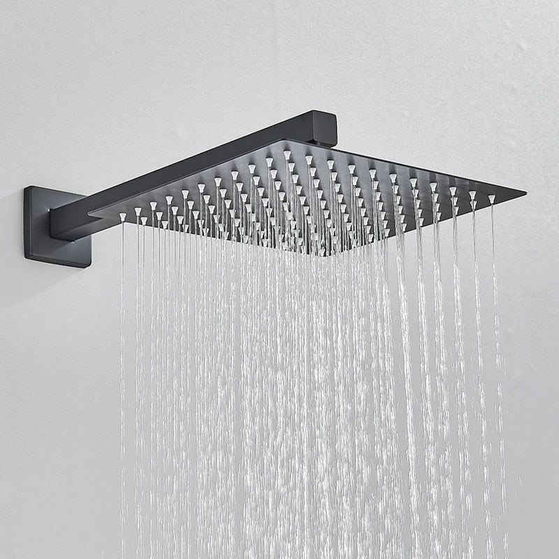 Concealed rain shower and waterfall system in black. Transforms bathroom into a luxury spa.