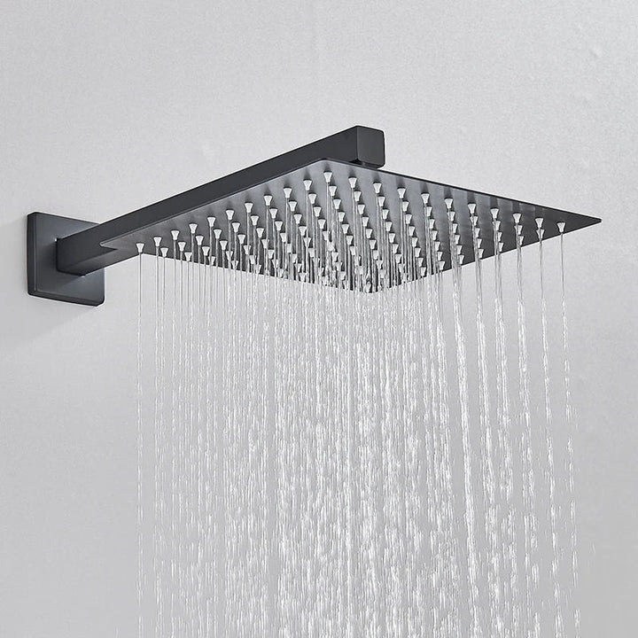 Concealed rain shower and waterfall system in black. Transforms bathroom into a luxury spa.