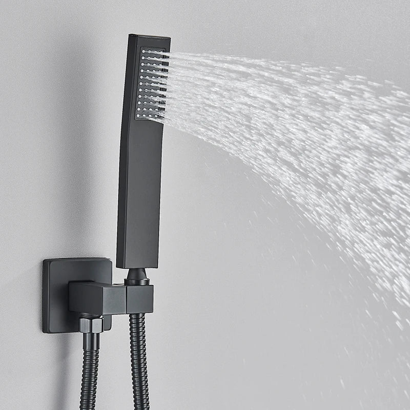 Luxury black modern shower system with rain, waterfall, and tub spout for a sleek look.
