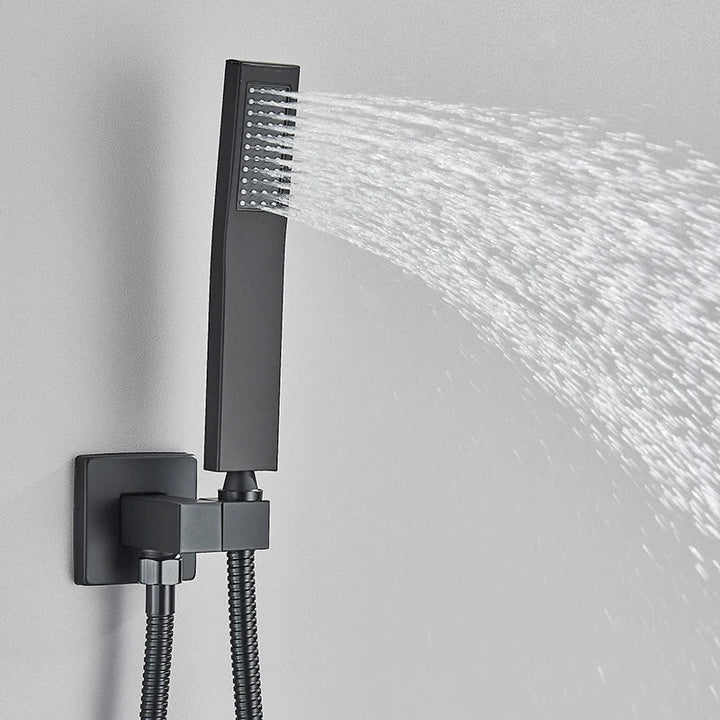 Luxury black modern shower system with rain, waterfall, and tub spout for a sleek look.