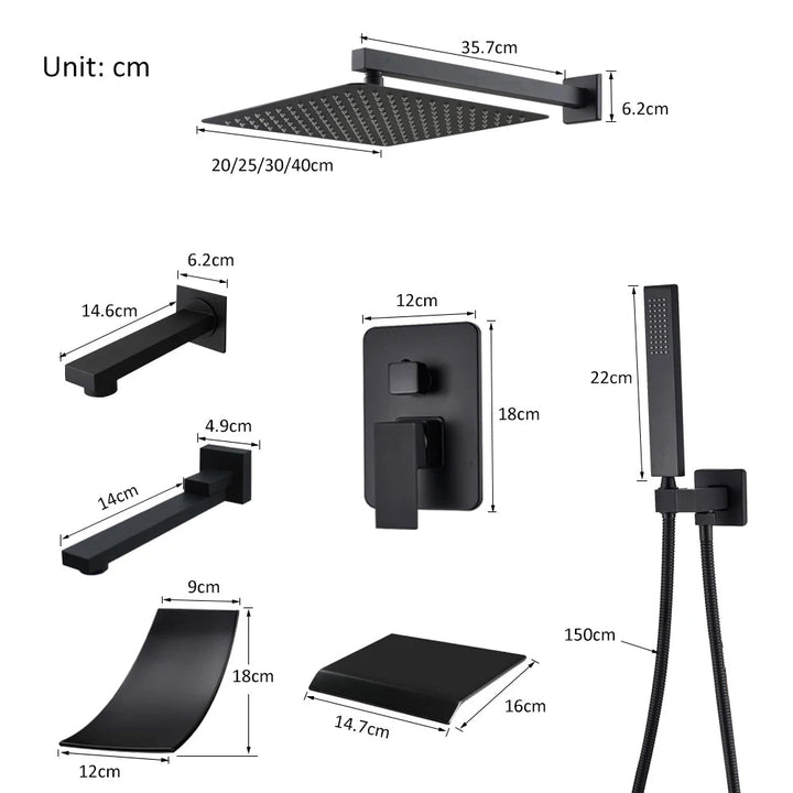 Embedded waterfall shower and rain shower in a modern black finish. Ideal for a luxury bathroom.