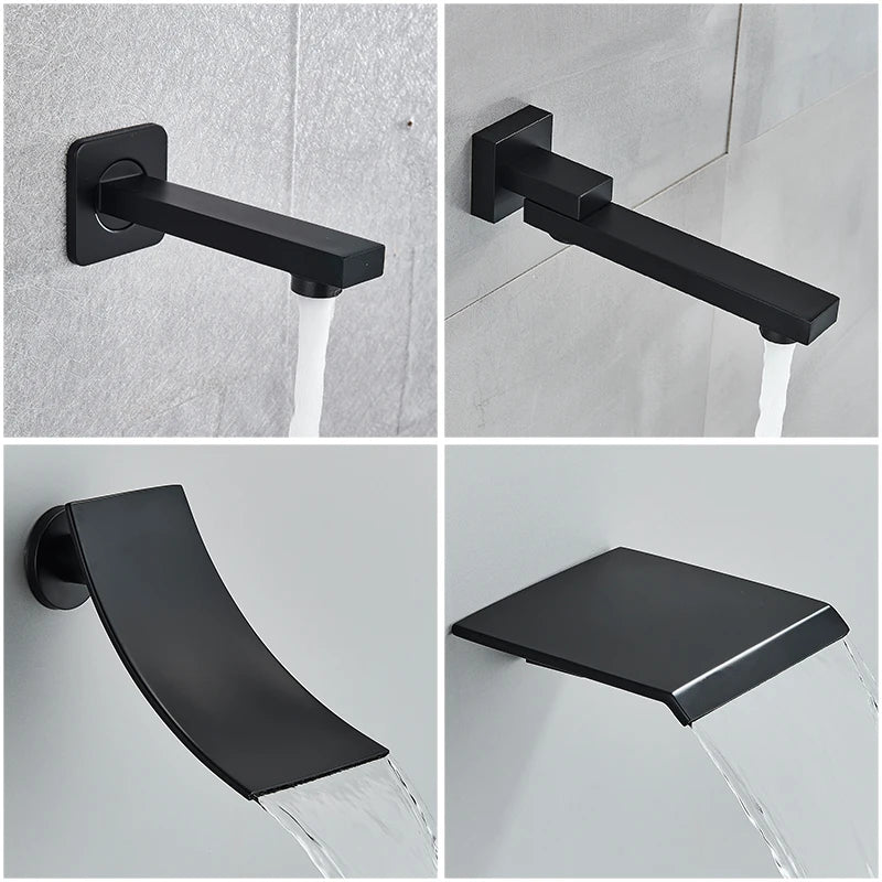 Sleek black concealed shower system offering rain and waterfall options for a spa bathroom.
