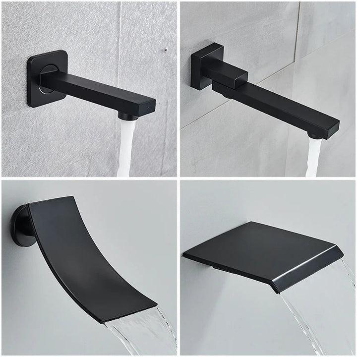 Sleek black concealed shower system offering rain and waterfall options for a spa bathroom.