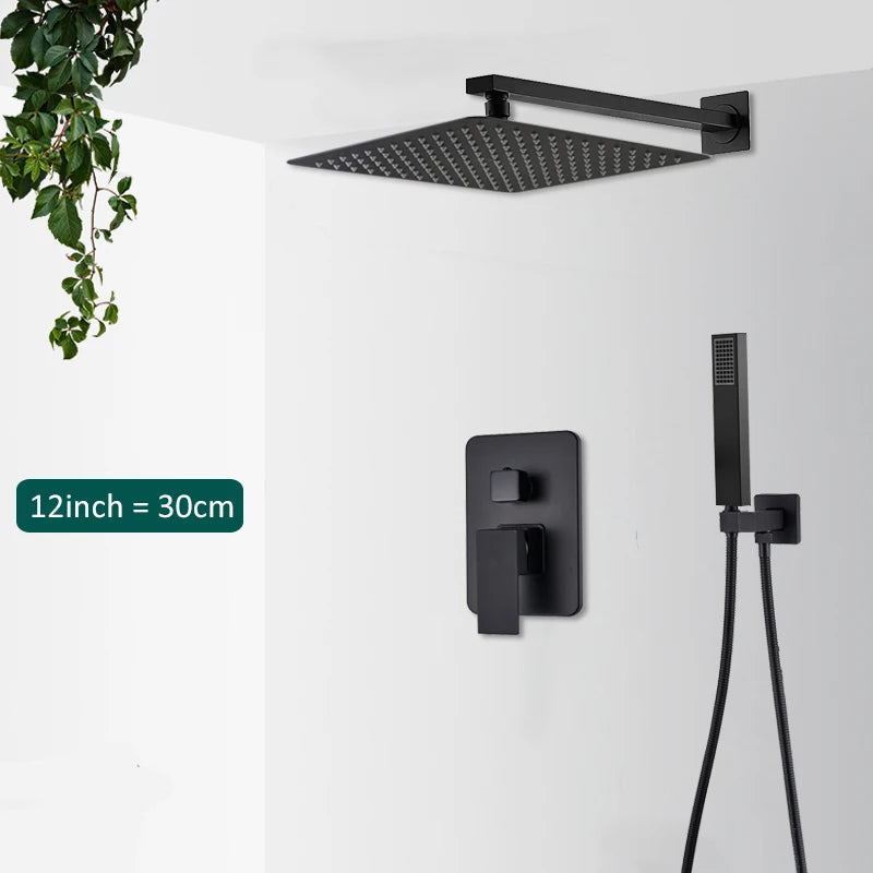 Modern Home black concealed shower system with rain & waterfall. Perfect for a luxury spa bath.