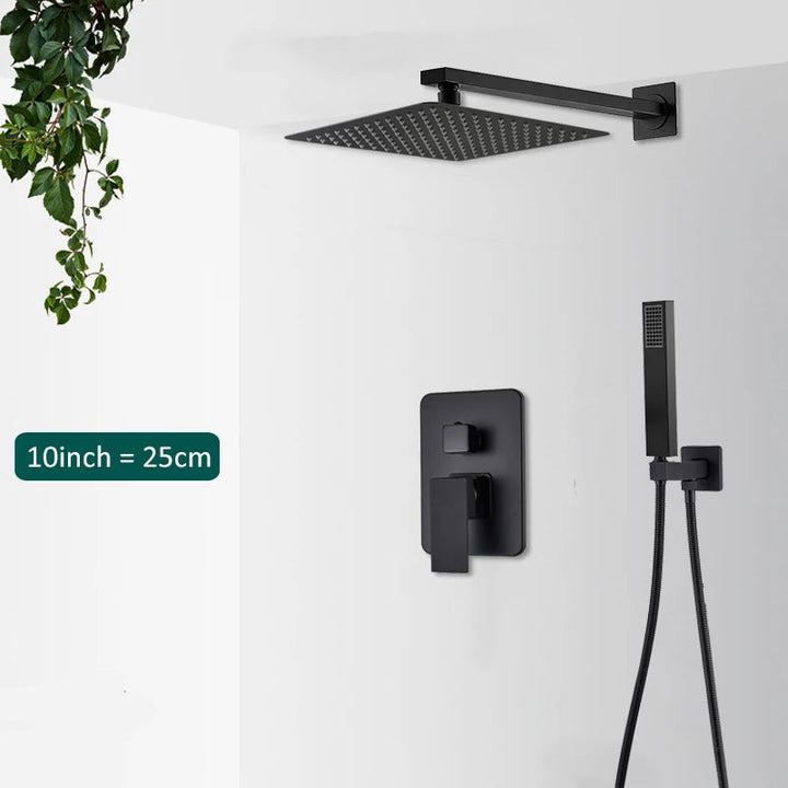 Elegant black embedded shower system featuring rain & waterfall modes. Sleek bathroom design.