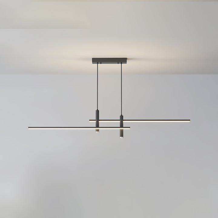 Modern black linear kitchen pendant light. Adjustable LED, sleek ceiling fixture for dining areas.