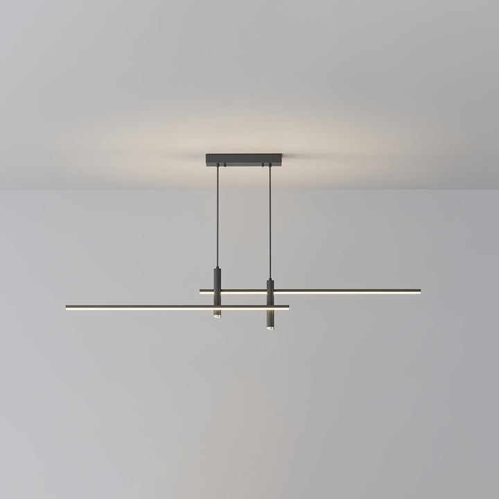 Contemporary gold linear LED pendant. Perfect for dining rooms, kitchen islands. Adjustable, minimalist.
