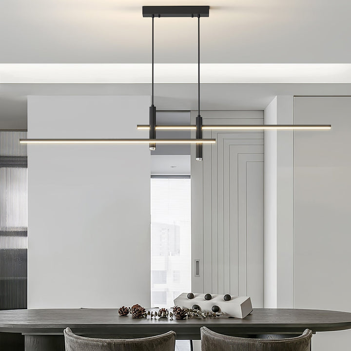Minimalist linear pendant light. Black finish LED, adjustable height. Modern kitchen & dining decor.