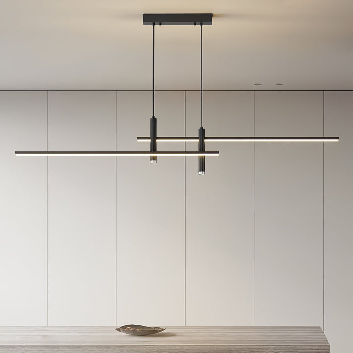 Adjustable LED linear pendant light. Gold finish, modern design for kitchen islands & dining rooms.