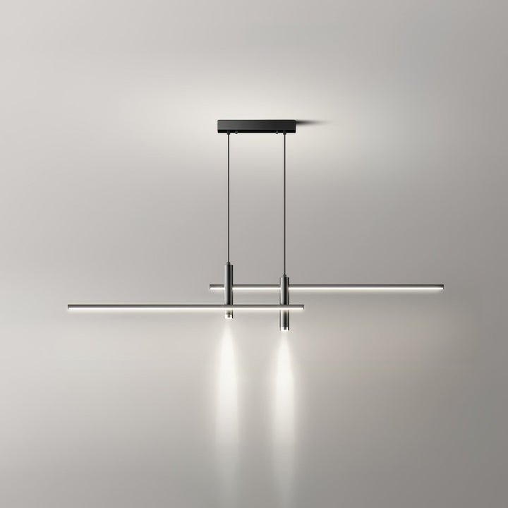 Black linear LED pendant light. Minimalist design for kitchen islands & dining tables. Adjustable.