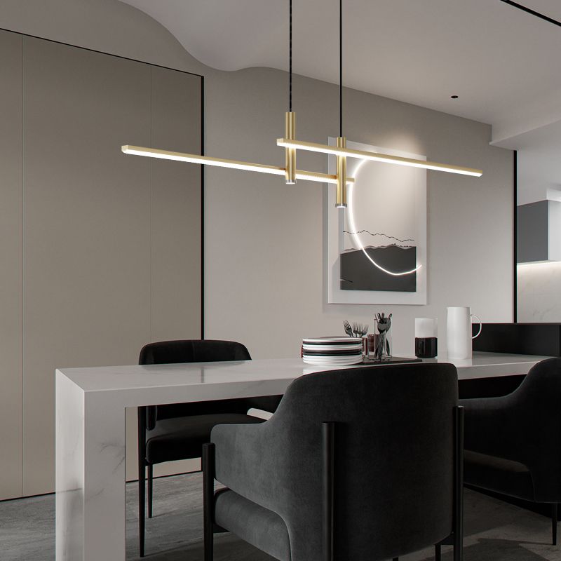 Sleek gold linear LED pendant light. Modern adjustable fixture for dining rooms & contemporary kitchens.