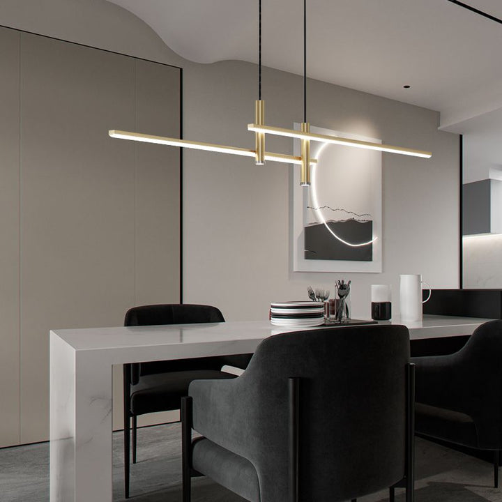Sleek gold linear LED pendant light. Modern adjustable fixture for dining rooms & contemporary kitchens.