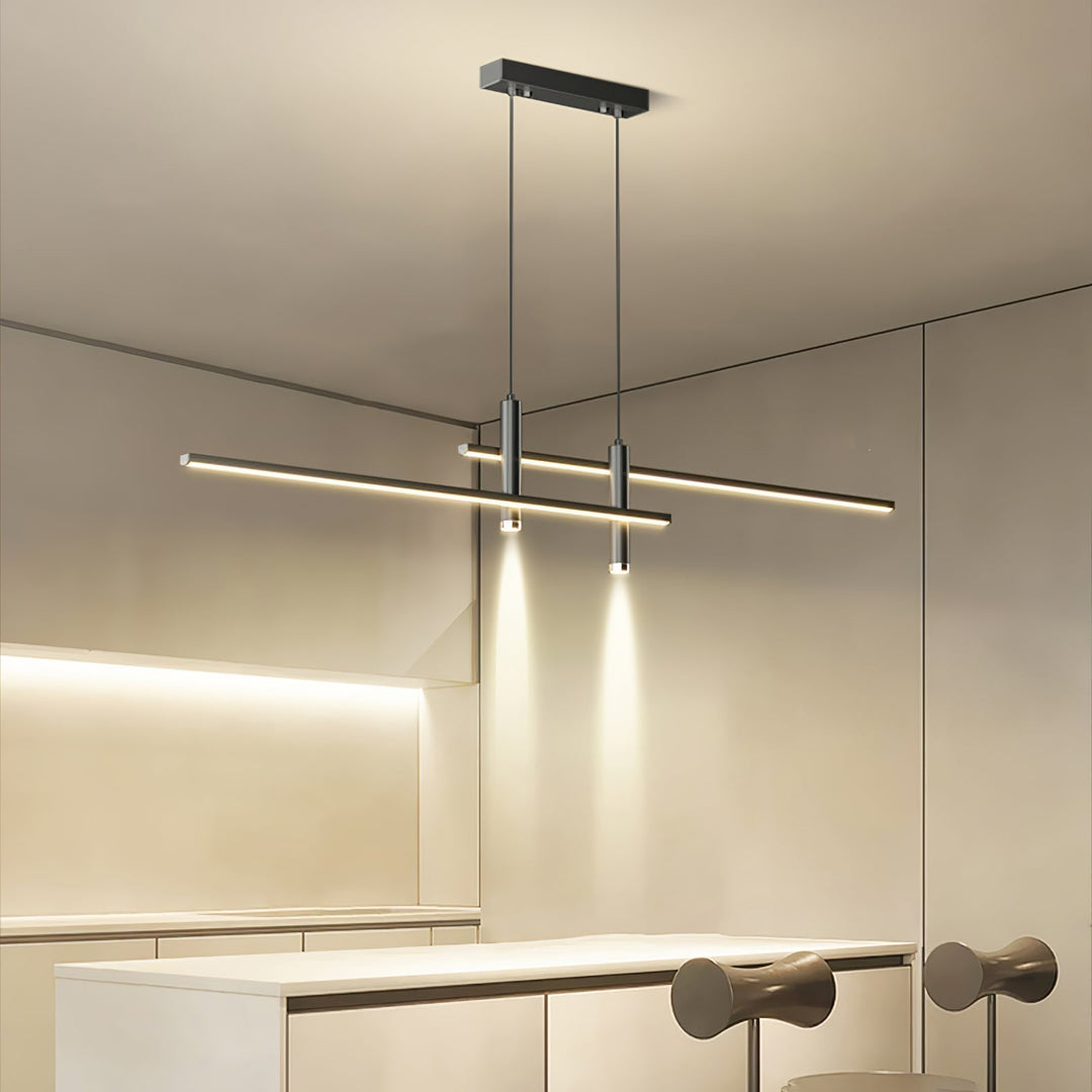 Modern adjustable linear pendant light. Gold LED for kitchen islands, contemporary dining areas.