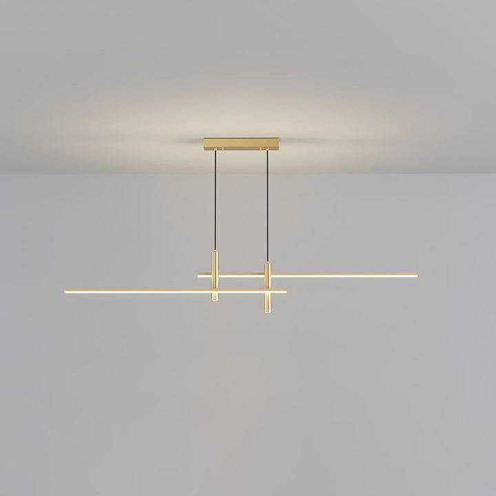 Contemporary gold linear LED pendant. Adjustable light for dining tables, stylish kitchen decor.