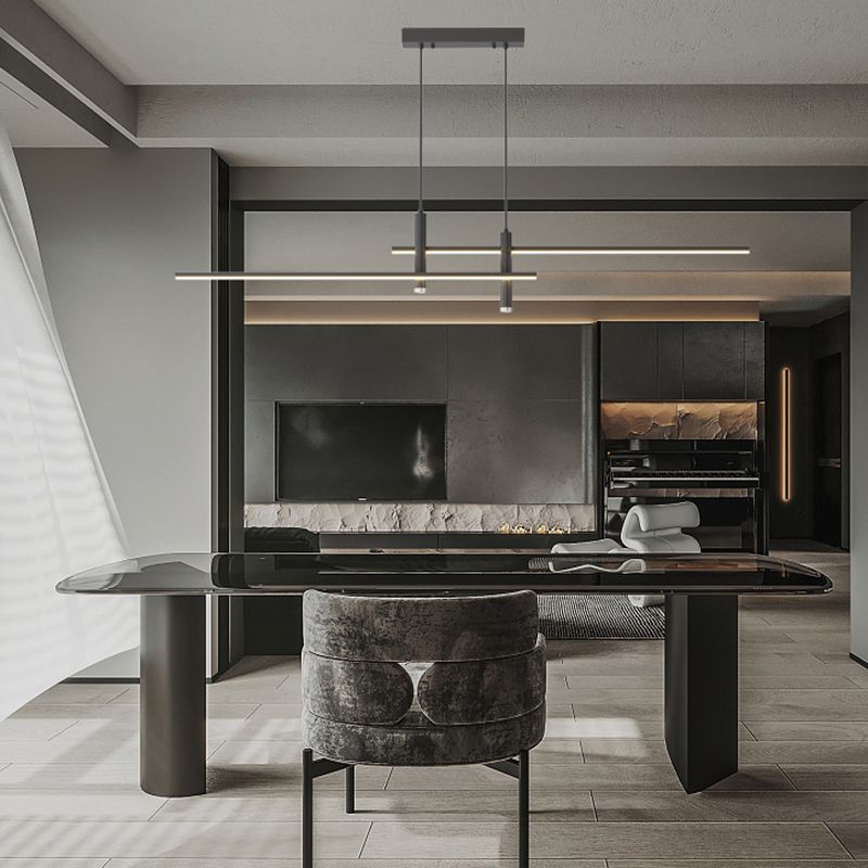 Minimalist black linear pendant light. Adjustable LED ceiling fixture, perfect for modern kitchen decor.