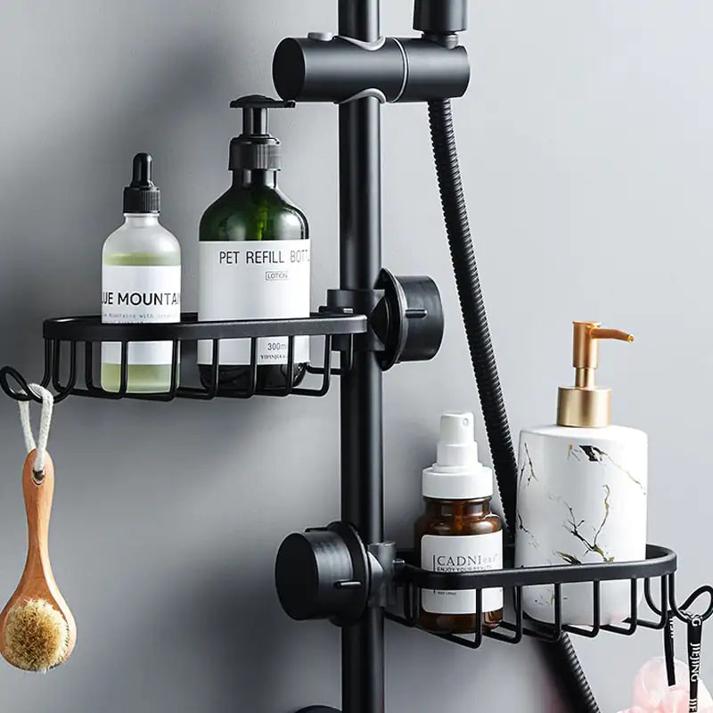 Modern black metal shower shelf with storage hooks, perfect wall-mounted bathroom organizer for modern decor.