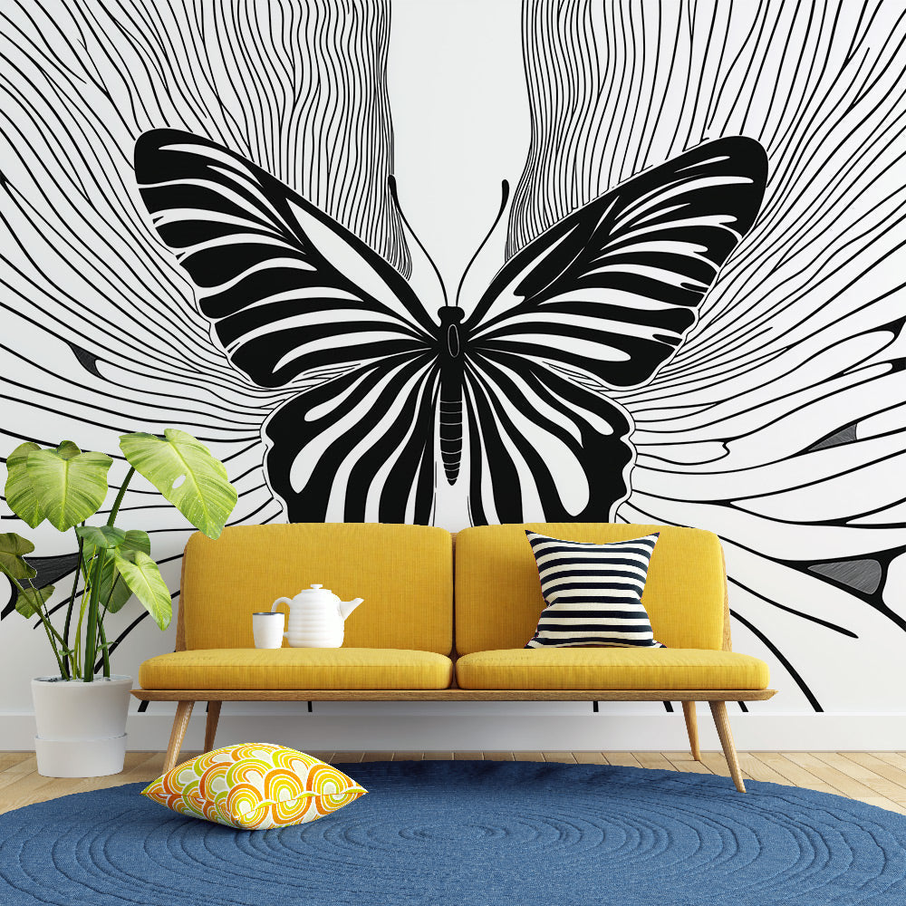 Modern black & white butterfly wall mural. Stunning geometric line art wallpaper, removable for home decor.