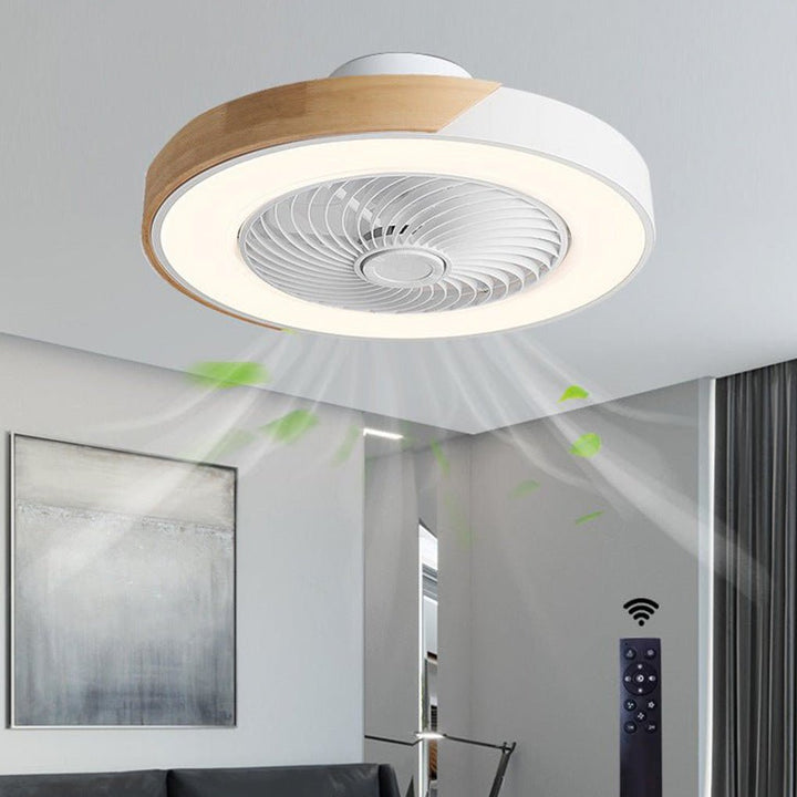 Modern bladeless ceiling fan with LED light and remote control, ideal for quiet home lighting.