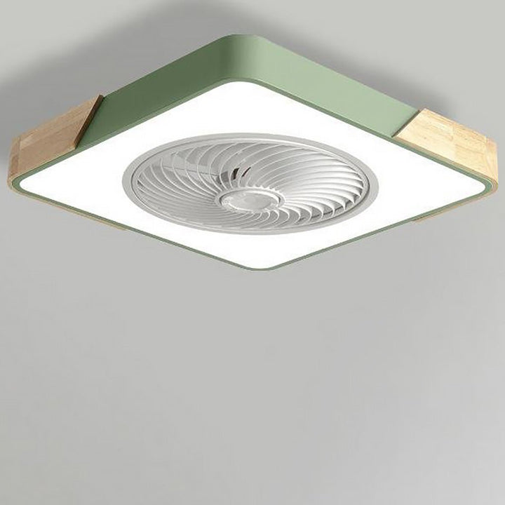 Modern flush mount bladeless ceiling fan, LED light, remote control, energy efficient, quiet indoor lighting fixture.