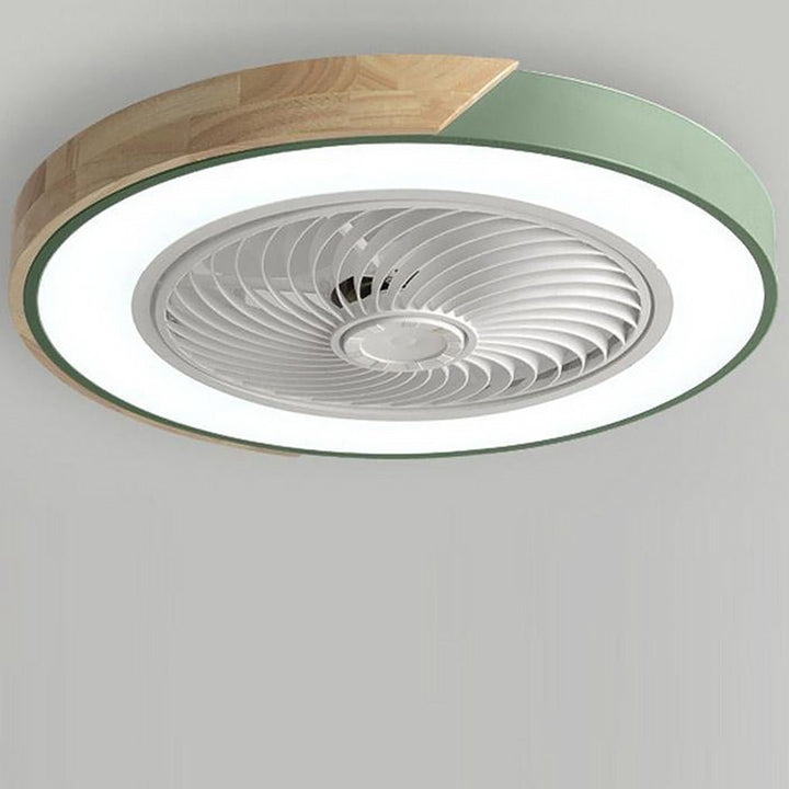 Contemporary bladeless ceiling fan, LED light fixture, and remote control for stylish & efficient home cooling/lighting.