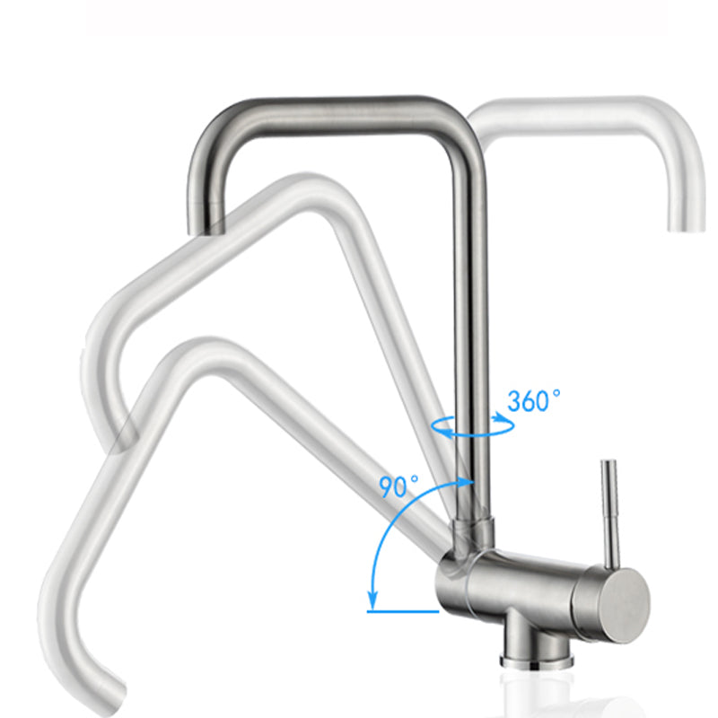 Modern brushed nickel kitchen faucet with 360° swivel spout & single handle for easy water control.